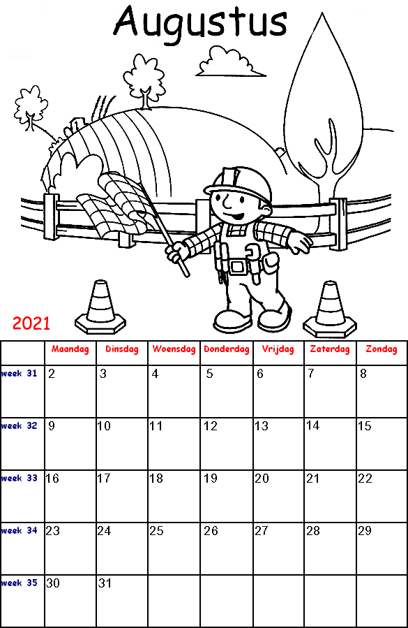 Kleurplaten voor kinderen: Bob de Bouwer Kalender 2021